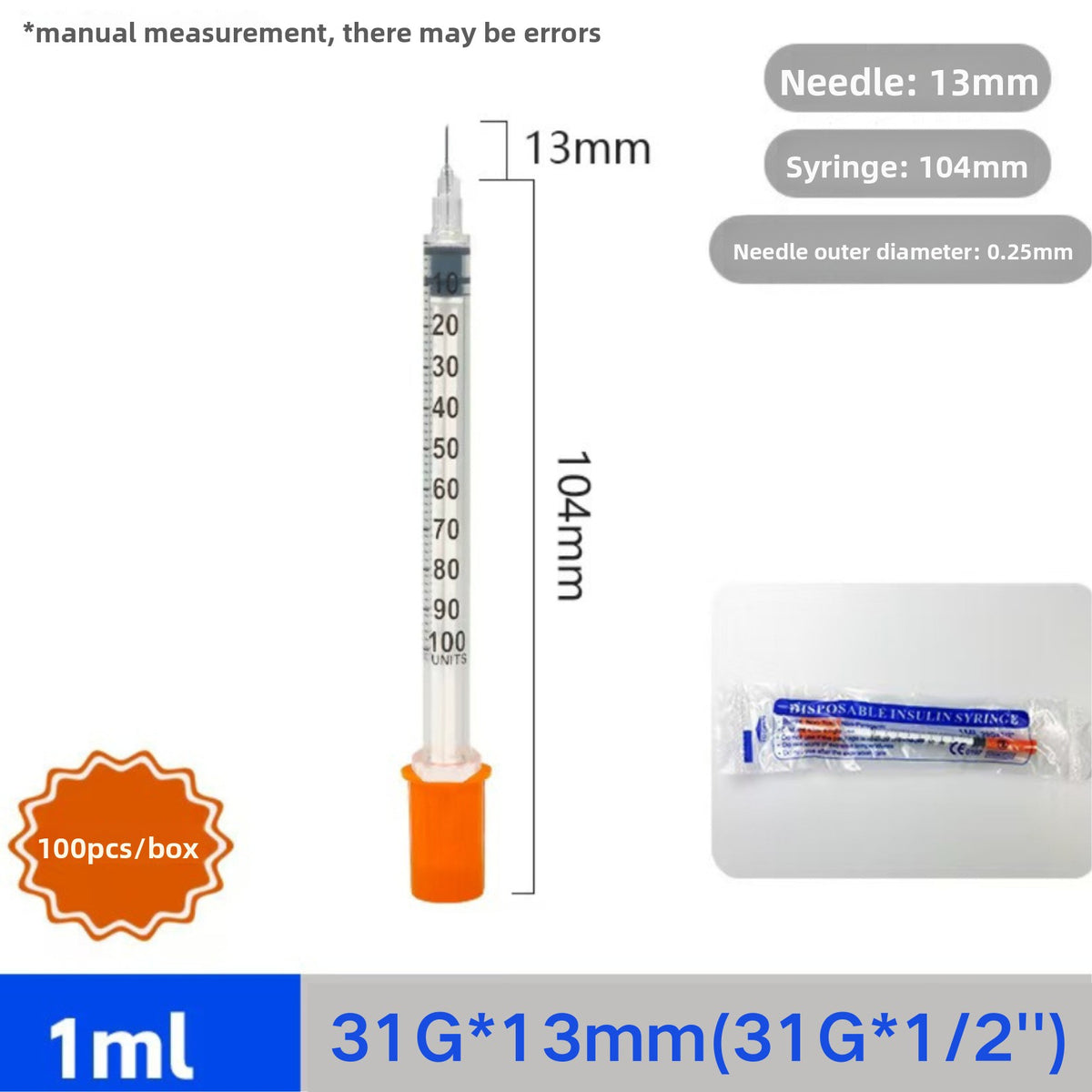 Disposable Insulin Syringe 1ml 31G 6mm with Needle