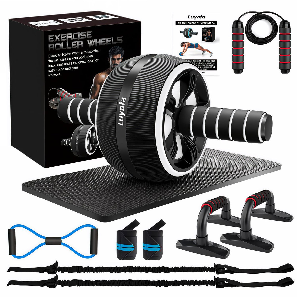Ab Wheel 7-Piece Set ? Indoor Fitness Equipment, Jump Rope, Push-Up Stand